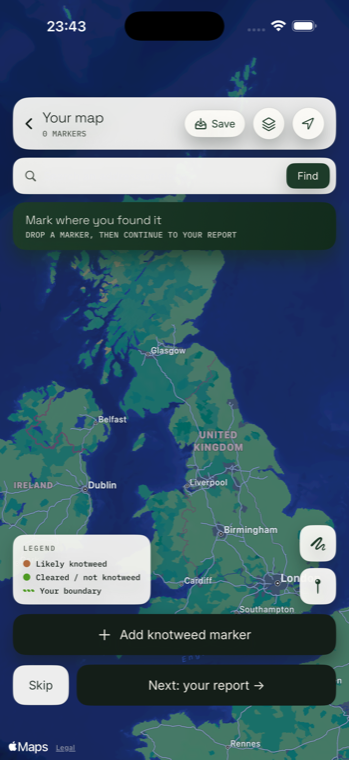 KnotweediD map screen for tracking knotweed sites